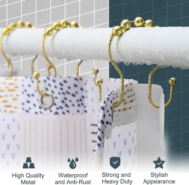 OEH Shower Curtain Hooks, Shower Curtain Rings, Gold Shower Curtain Hooks Rust Proof, Smooth Gliding Metal Shower Curtain Rings Rust Proof, Double Shower Hooks for Shower Curtain, 12 Pcs, Gold - Image 2